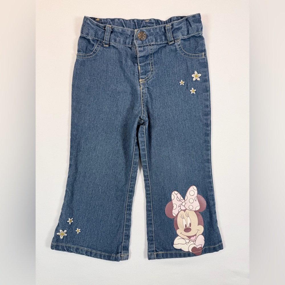 DISNEY JUNIOR Minnie‎ Mouse Floral Applique Y2K-Inspired Bootcut Jeans Size 18M